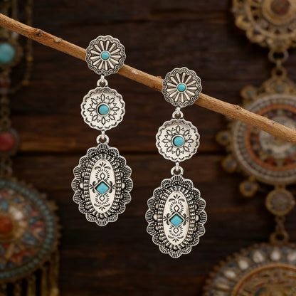 Boho Western Earrings for Women Western Feather Earrings Vintage Concho Turquoise Teardrop Dangle Earrings Country Concert Jewelry Accessories - style: Silver Turquoise Dangle
