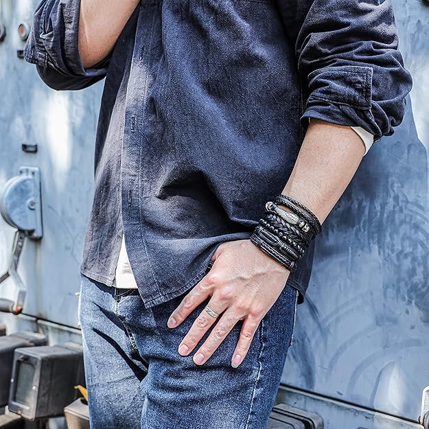 6-12PCS Braided Faux Leather Bracelet Punk Cuff Wrap Bracelets for Men Women Adjustable - color: A3