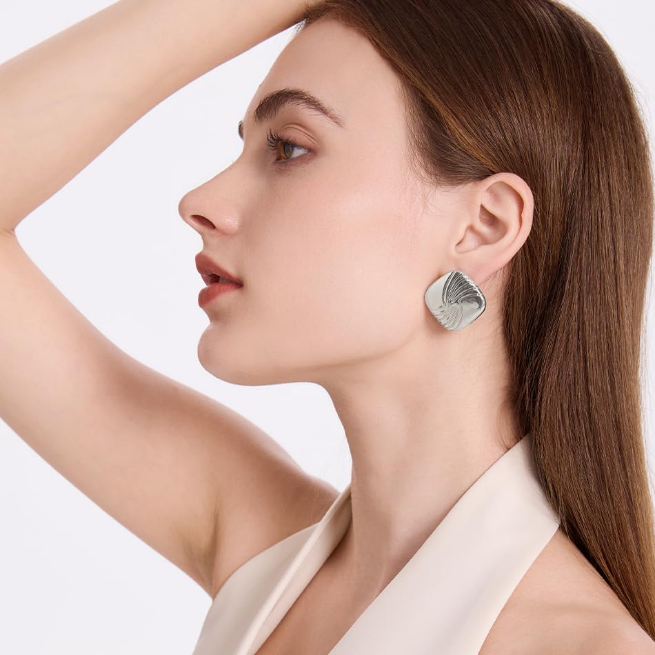 Gold Chunky Statement Earrings for Women, Trendy 14K Gold Plated Square Geometric Vintage Drop Dangle Designer Stud Earrings, Jewelry Gift - style: square-silver