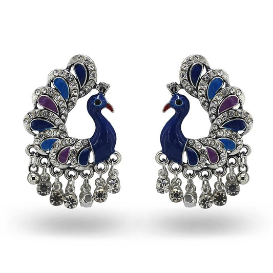 Antique Peacock Indian Traditional Jhumka Jhumki Stud Statement Earrings for Women Boho Enamel Feather Bird Beaded CZ Crystal Gypsy Tribal Ethnic Dangle Drop Earring Vintage Jewelry Wedding Party - color: Silver