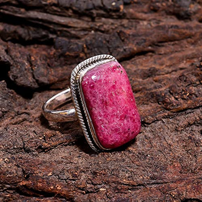 925 Sterling Silver Statement Ring For Women's || Mind Blowing A One Quality 100% Natural Rhodonite Radiant Vintage Style Handmade 925 Sterling Silver Ring 8 US 7.9 gms.