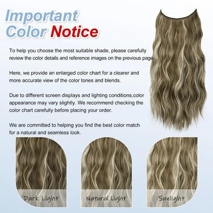 Medium Brown Halo Hair Extensions with Ash Blonde Highlights | 20 Inch Wavy Synthetic Fiber with Invisible Wire and 4 Secure Clips for Easy Daily Styling and Party Wear - color: Ash Medium Brown Highlights