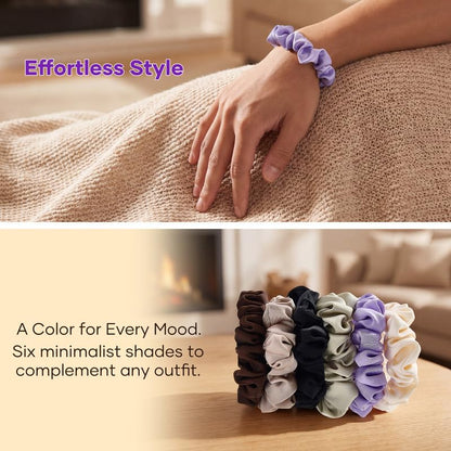 Satin Scrunchies for Women & Girls, Silk-Touch Hair Ties and Gentle Ponytail Holders, Soft No-Damage, No-Crease Hair Accessories in Morandi Earth Tones, 6-Pack