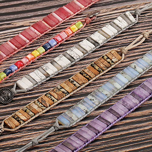 sedmart 7 Chakra Bracelets for Women with Real Stones Leather Wrap Healing Bead Bracelet Women Men Boho Friendship Jewelry - color: B1 Sun/Button/Transparency