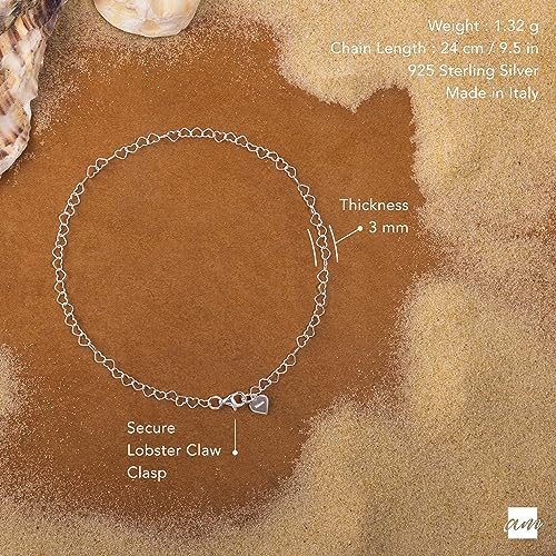 Amberta 925 Fine Sterling Silver Naturally Adjustable Anklet - 3 mm Heart Chain Ankle Bracelet - up to 10" inch - Flexible Fit