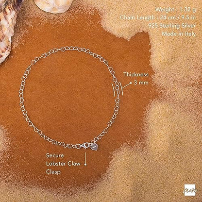 Amberta 925 Fine Sterling Silver Naturally Adjustable Anklet - 3 mm Heart Chain Ankle Bracelet - up to 10" inch - Flexible Fit