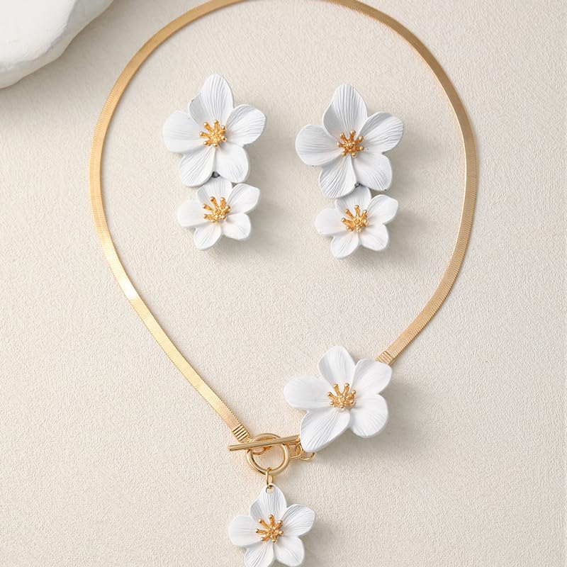 Colorful Flower Necklace Earrings Set for Women Gold Snake Chain Toggle Clasp Pendant Necklaces Dainty Double Flowers Statement Earrings Bridal Wedding Summer Beach Jewelry for Women - color: white