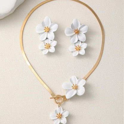 Colorful Flower Necklace Earrings Set for Women Gold Snake Chain Toggle Clasp Pendant Necklaces Dainty Double Flowers Statement Earrings Bridal Wedding Summer Beach Jewelry for Women - color: white