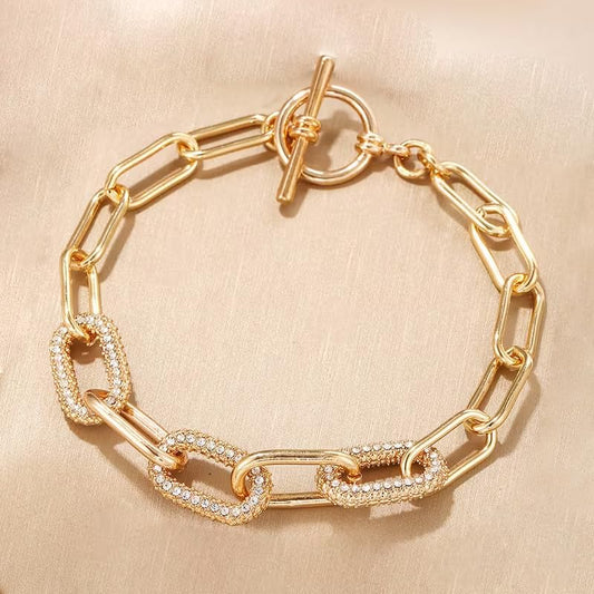 Minimalist Oval Paperclip Link Chain Bracelet, Cubic Zirconia Accented Toggle Clasp Hand Jewelry for Women - color: Gold, size: One Size