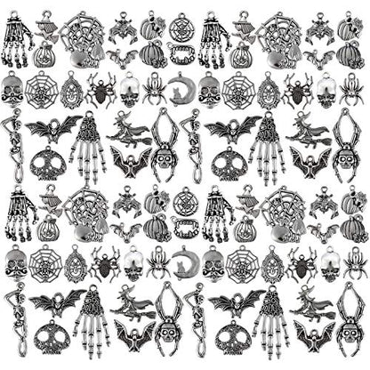 Hicarer 80 Pieces Antique Silver Pendants Gothic Charms Halloween Charms Pendants Jewelry Making Accessory for DIY Necklace Bracelet - style: Skull