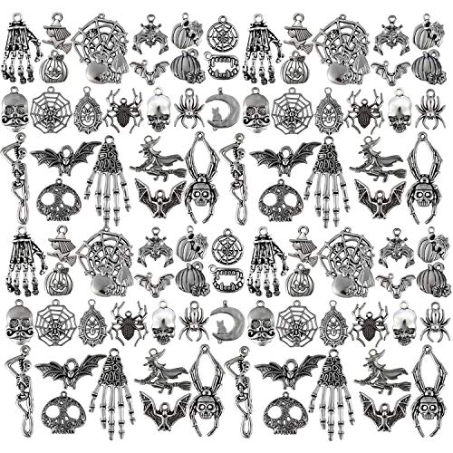 Hicarer 80 Pieces Antique Silver Pendants Gothic Charms Halloween Charms Pendants Jewelry Making Accessory for DIY Necklace Bracelet - style: Skull