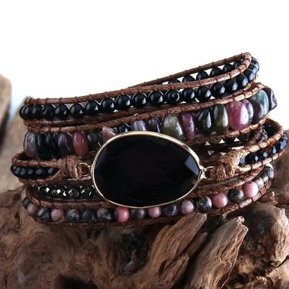Women Wrap Bracelets Boho Natural Stone Jasper Turquoises Strand Bracelet Jewelry Collection - color: Black 2