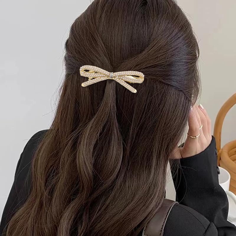 French Bow Crystal Rhinestone Bow-knot Pearl Hair Clips Barrette Hair Pin Hairpin Gold Pearl Accessories for Women Girls Bridal Wedding Prom - color: Pearl