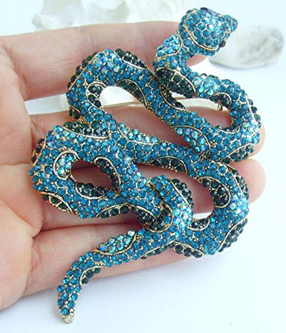 Classic 3.94" Unique Animal Snake Brooch Pin Pendant Austrian Crystal BZ5847 - color: Gold-Tone Turquoise
