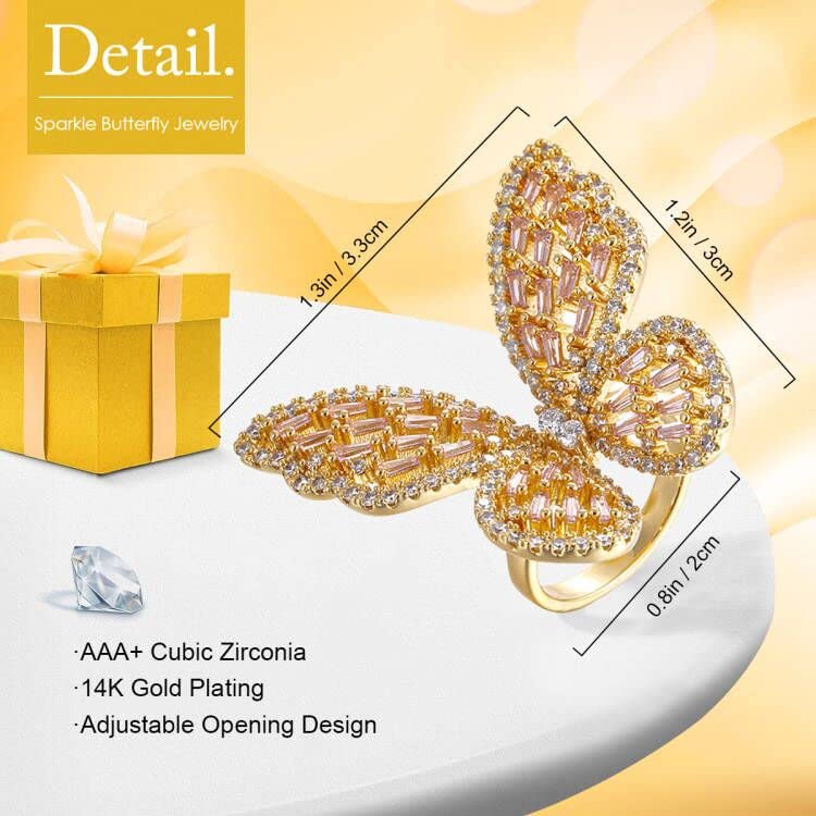 Butterfly Rings for Women Adjustable Golden Cocktail Ring Sparkly Stones Statement Silver Bow Open Wrap Bow Jewelry Bridesmaids Wedding Valentine’s Day Gift Lover Mother - color: JZ03-Gold