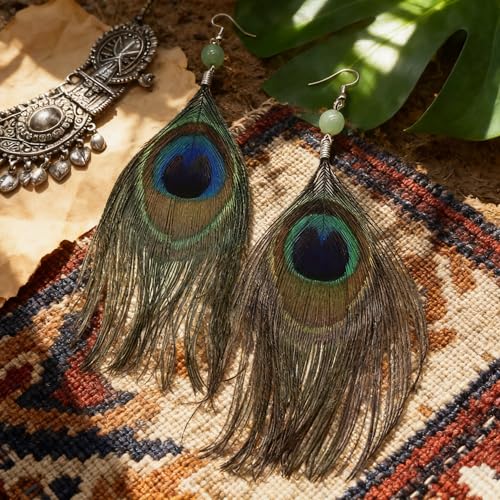 Feather Earrings for Women, Sterling Silver Hook Boho Style Peacock Long Feather Jewelry - color: Peacock Feather-1