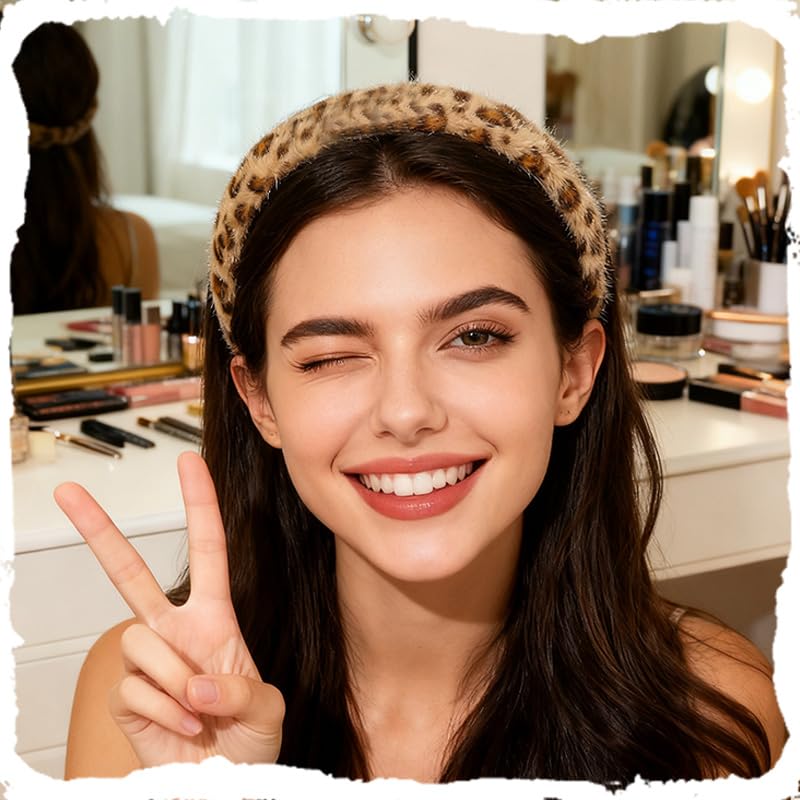 Kefley Padded Puffy Leopard Print Headband for Women Soft Sponge Cheetah Leopard Headbands Hair Hoop No Slip Padded Plush Hairbands Thick Animal Print Headband Hair Accessories Headwear - color: Khaki