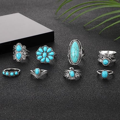 Airvess Vintage Knuckle Rings Set, Chunky Turquoise Stackable Rings, Silver Joint Finger Stacking Rings, Bohemian Western Jewelry for Women - style: 8 Pcs-1