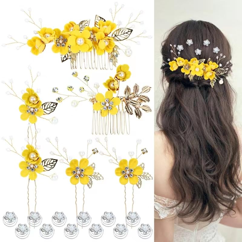 Cinaci 18 Pieces Bridal Wedding Party Prom Pearl Rhinestone Yellow Flower Hair Side Combs Slides+U-shaped Flower Hair Pins+Twist Spiral Hairpins Floral Headpieces for Brides Bridesmaids Women Girls - color: Yellow
