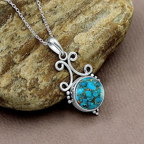 Natural Round Gemstone Pendant Necklace for Women, 925 Sterling Silver | Solitaire Birthstone Jewelry With 18 Inch Chain, Handmade Semi Precious Stone Pendant, Jewelry Gift for Mom, Wife & Sister - color: Blue Copper Turquoise
