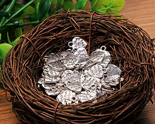 Shapenty 100PCS Mini Metal Beads Heart Shaped “Made with Love” Charms Bulk for DIY Craft Keychain Necklace Pendants Bracelets Earrings Jewelry Making Findings - color: Silver