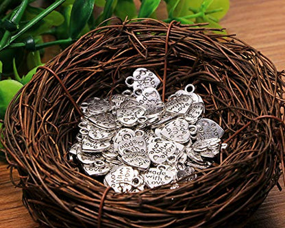 Shapenty 100PCS Mini Metal Beads Heart Shaped “Made with Love” Charms Bulk for DIY Craft Keychain Necklace Pendants Bracelets Earrings Jewelry Making Findings - color: Silver