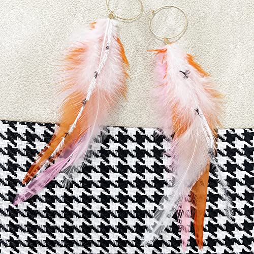 Long Bohemian Pheasant Feathers Statement Earrings Handmade Natural Lightweight Feather Dangle Earrings for Women (ea000067) - color: Pink&Brown