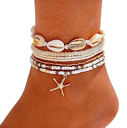 Boho Beach Anklets for woman Set, Sea shell and Starfish Charm, waterproof White Pearl Beaded, 6 Layer Ankle Brace adjustable, bracelet anklet, jewerly for woman