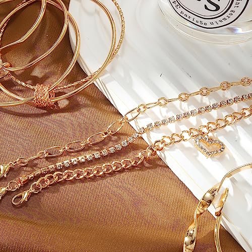 IFKM 6 PACK (24 PCS) Boho Gold Chain Bracelets Set for Women, 14K Gold Plated Multiple Layered Stackable Open Cuff Wrap Bangle Adjustable Link Italian Cuban Jewelry for Women Gift - style: 27PCS Gold Thin Chain