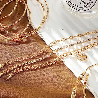 IFKM 6 PACK (24 PCS) Boho Gold Chain Bracelets Set for Women, 14K Gold Plated Multiple Layered Stackable Open Cuff Wrap Bangle Adjustable Link Italian Cuban Jewelry for Women Gift - style: 27PCS Gold Thin Chain