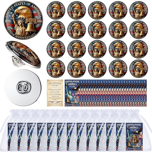 Kenning 30 Set 250th Anniversary Coin Gifts, 3D USA Enamel Pins with Greeting Cards for Patriot's Day 4th of July Celebration