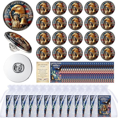 Kenning 30 Set 250th Anniversary Coin Gifts, 3D USA Enamel Pins with Greeting Cards for Patriot's Day 4th of July Celebration