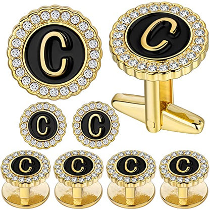 HAWSON 18K Gold Tone Initial Cufflinks for Men with Tuxedo Studs - Gift Boxed, Stylish Men's Jewelry Accessories for Weddings, Birthdays, Anniversaries, Father's Day - color: C-Cufflinks & Studs Set