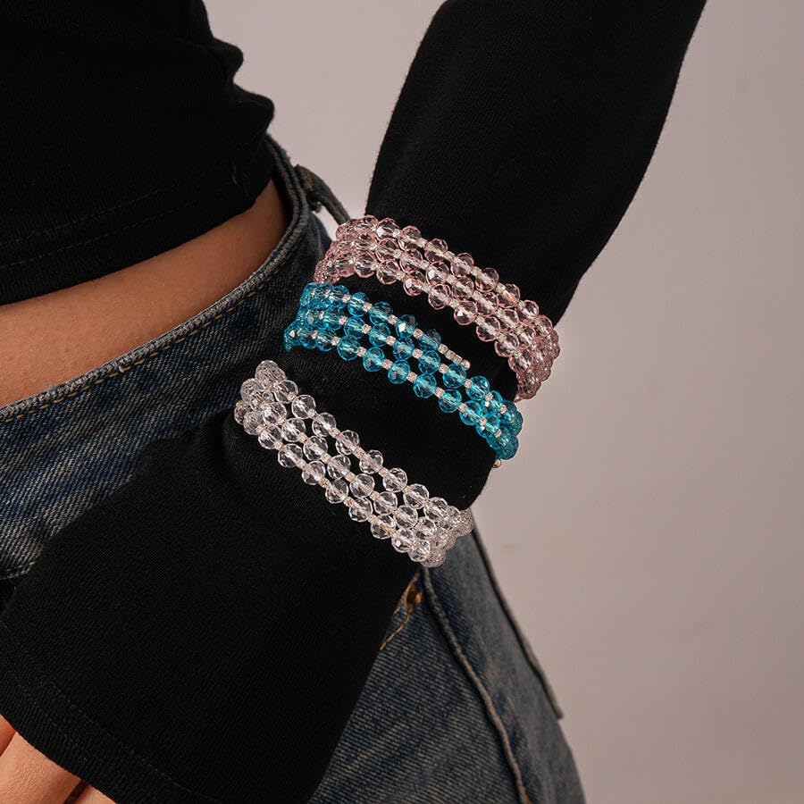 Caiyao Bohemia Multilayer Glass Beaded Charm Bracelets Handmade Resin Beads Stackable Wrap Bracelet Layered Open Cuff Bnagles for Women Holiday Vacation Boho Jewelry Gifts - color: Blue