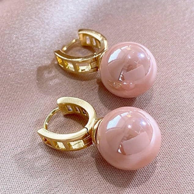 Pink Faux Pearl Drop Hoop Earrings for Women, Elegant High-End Cubic Zirconia Accent Dangle Earrings, Trendy Daily & Party Jewelry - color: Pink, size: Medium