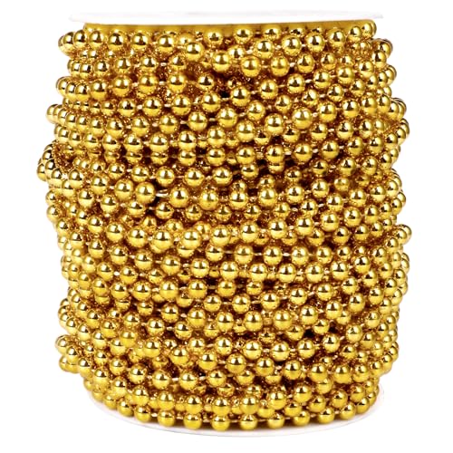 98FT Gold Beads Garland 6mm Faux Pearl Beads String Bulk for DIY Craft | 33Yards Gold Beads Strings Roll Spool for Christmas Tree Wedding Party Decoration - color: Gold Color, size: 6MM