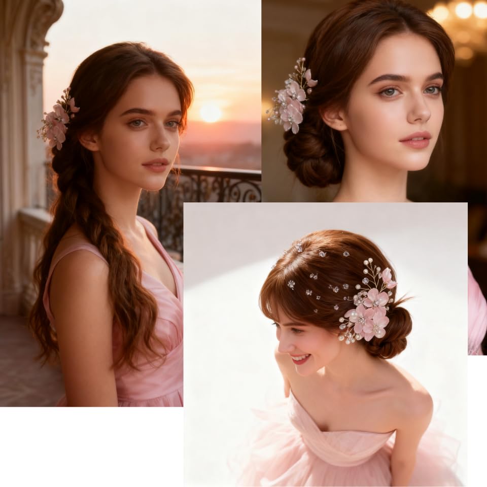 Luxury Pink Pearl Flower Hair Clip for Women,Glitter Petal Hairpin with Rhinestones & Pearl Decor，Wedding Headpiece for Bride, Floral Hair Accessories for Birthday Prom Party Gifts