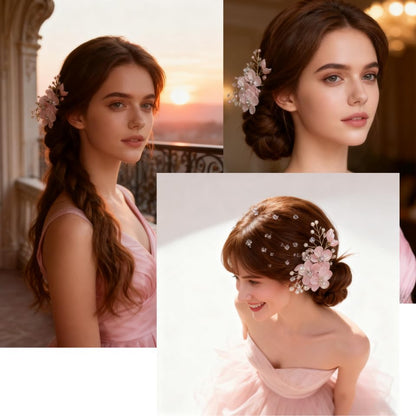 Luxury Pink Pearl Flower Hair Clip for Women,Glitter Petal Hairpin with Rhinestones & Pearl Decor，Wedding Headpiece for Bride, Floral Hair Accessories for Birthday Prom Party Gifts