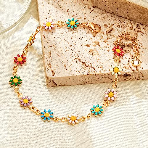Gold Chain Bracelet for Women, 14K Gold Plated | Dainty Bracelets with Adjustable Chain, Trendy Jewelry Gift for Women - style: colorful daisies