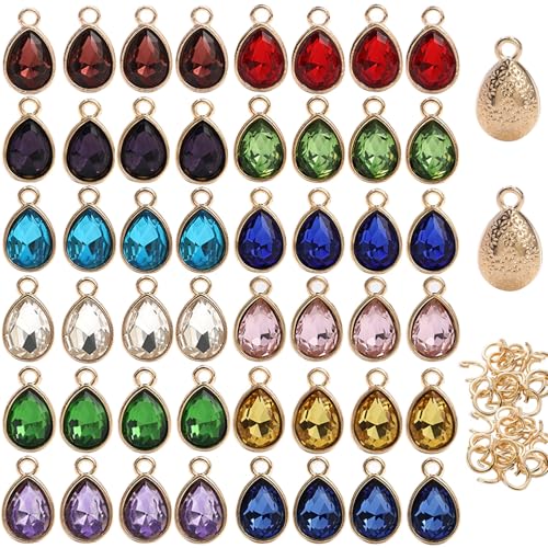Glass Rhinestone Charms, 48 Pcs 12 Colors Birthstone Beads Crystal Dangle Pendants for Jewelry Making Earrings Necklace Bracelet - color: Gold