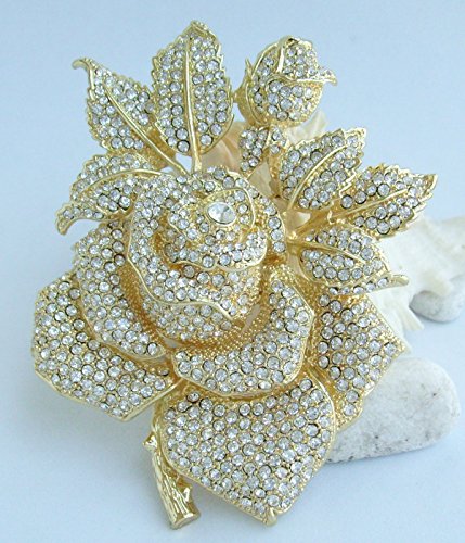 Gorgeous Wedding 5.32" Big Rose Flower Brooch Pin Austrian Crystal Pendant BZ2994 - color: Gold-Tone Clear