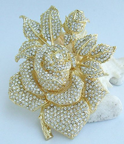Gorgeous Wedding 5.32" Big Rose Flower Brooch Pin Austrian Crystal Pendant BZ2994 - color: Gold-Tone Clear