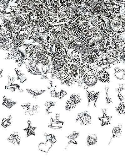 400 PCS Wholesale Bulk Lots Jewelry Making Charms Mixed Smooth Tibetan Silver Alloy Charms Pendants DIY for Bracelet Necklace Jewelry Making and Crafting