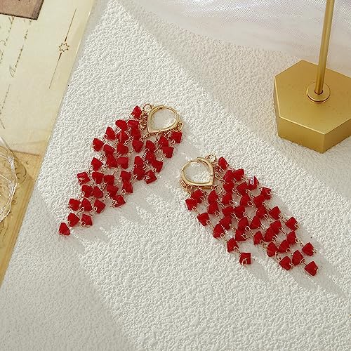 Fringe Hoop Dangle Earrings, Long Beads Tassel Chain Earrings for Women Sparkly Chandelier Earrings - color: Red