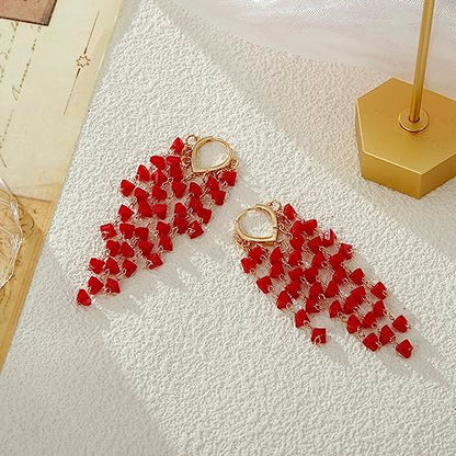 Fringe Hoop Dangle Earrings, Long Beads Tassel Chain Earrings for Women Sparkly Chandelier Earrings - color: Red