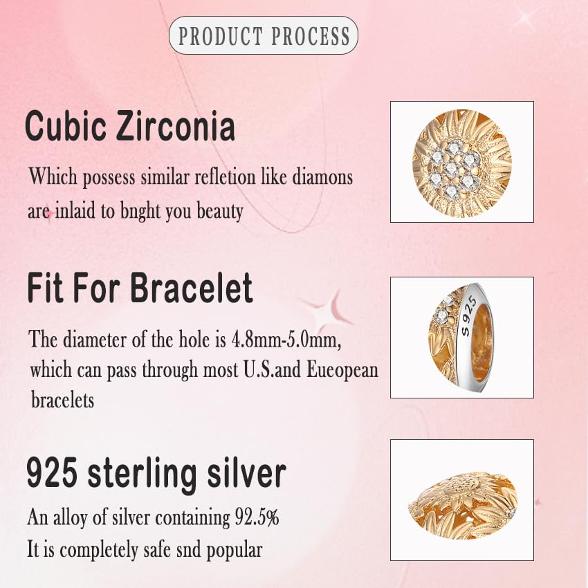 925 Sterling Silver Charms for Bracelets and Necklaces Beads Charms Jewelry Gift for Women - color: Sunflower Charm