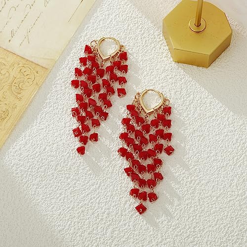 Fringe Hoop Dangle Earrings, Long Beads Tassel Chain Earrings for Women Sparkly Chandelier Earrings - color: Red