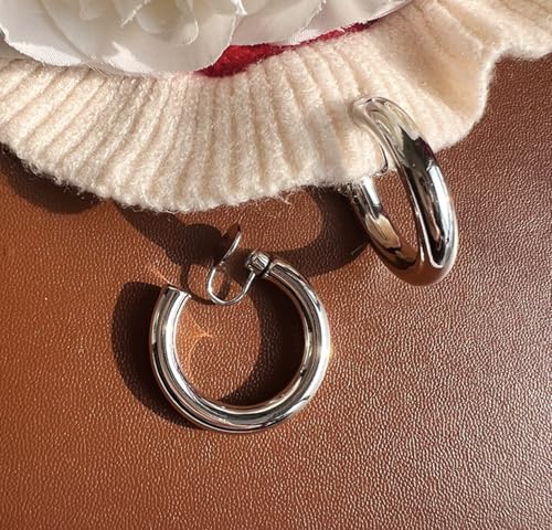 A Season Women Twisted Gold/Silver Round Clip On Hoop Earrings for Non Pierced Ears Hoops Earrings, Small/Medium/Large (Silver Solid Round)