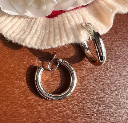A Season Women Twisted Gold/Silver Round Clip On Hoop Earrings for Non Pierced Ears Hoops Earrings, Small/Medium/Large (Silver Solid Round)