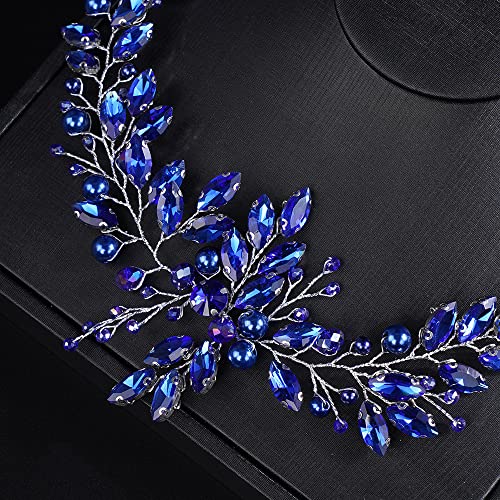 JWICOS Crystal Wedding Headband for Brides Pearl Wedding Hair Accessories Bridal Hair Piece Hair Vine for Women and Girls (Blue) - color: Blue